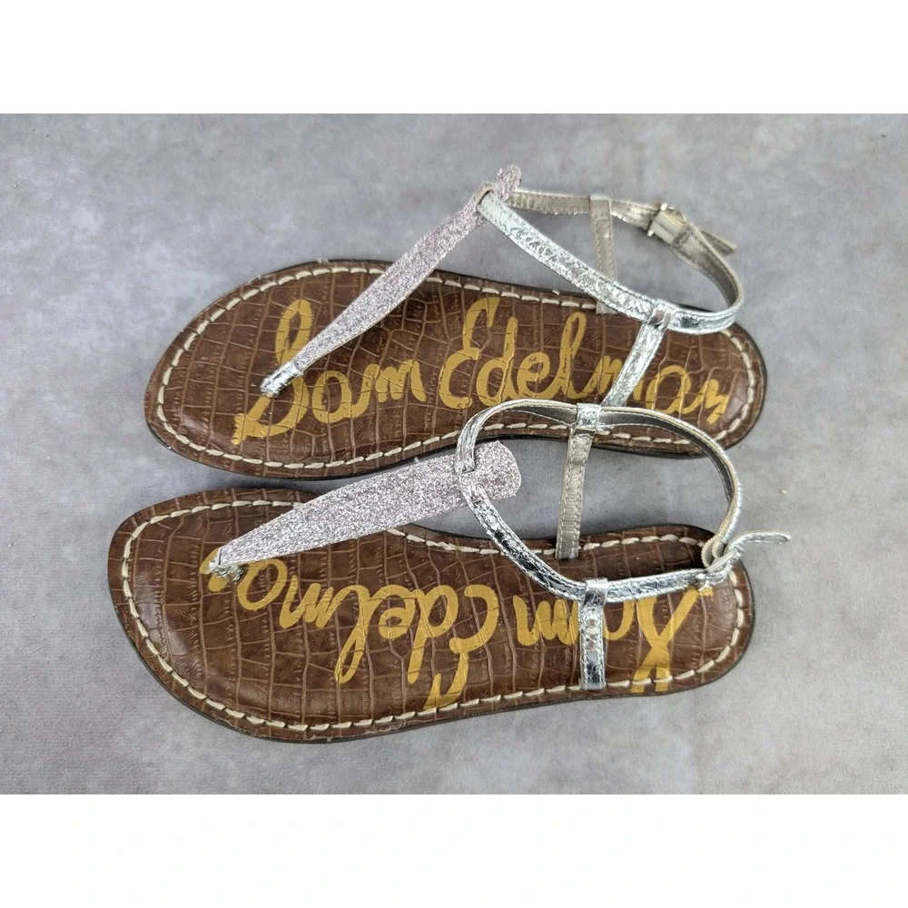 Sam Edelman Gigi Mini Lilac Glitter Silver Metallic T-Strap Sandals 4 Big Kid
